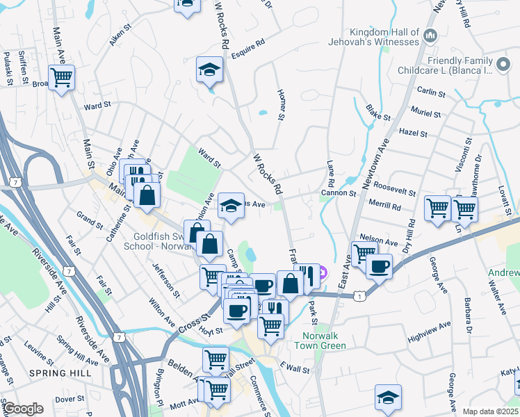 map of restaurants, bars, coffee shops, grocery stores, and more near 34 A Adams Avenue in Norwalk