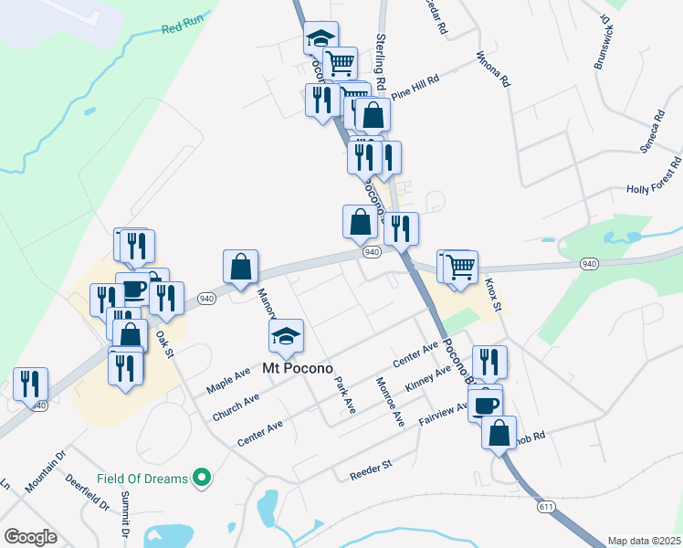 map of restaurants, bars, coffee shops, grocery stores, and more near High Street in Mount Pocono