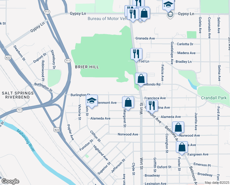 map of restaurants, bars, coffee shops, grocery stores, and more near 1022 Burlington Street in Youngstown