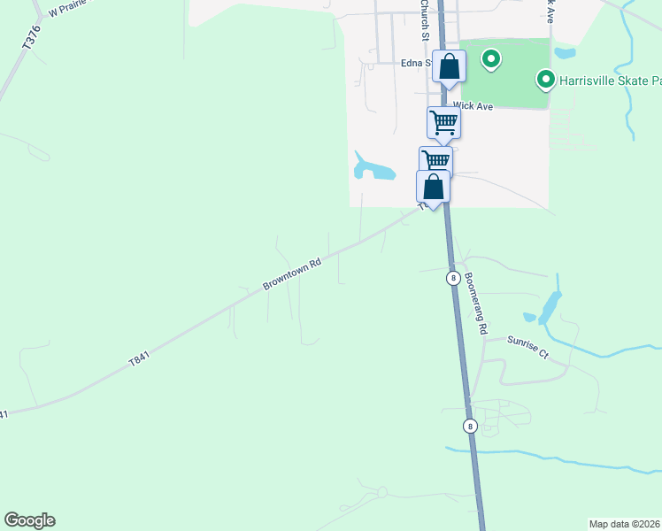 map of restaurants, bars, coffee shops, grocery stores, and more near 138 Browntown Road in Harrisville