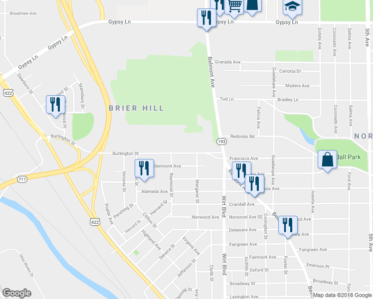 map of restaurants, bars, coffee shops, grocery stores, and more near 1022 Burlington Street in Youngstown