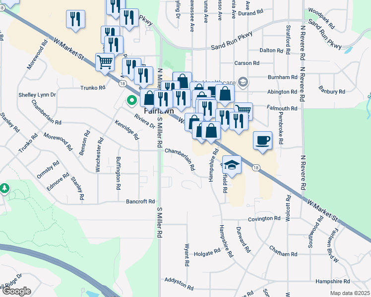 map of restaurants, bars, coffee shops, grocery stores, and more near 2611 Chamberlain Road in Fairlawn