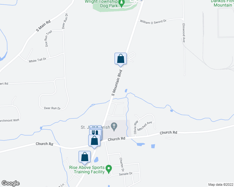 map of restaurants, bars, coffee shops, grocery stores, and more near 390 South Mountain Boulevard in Mountain Top