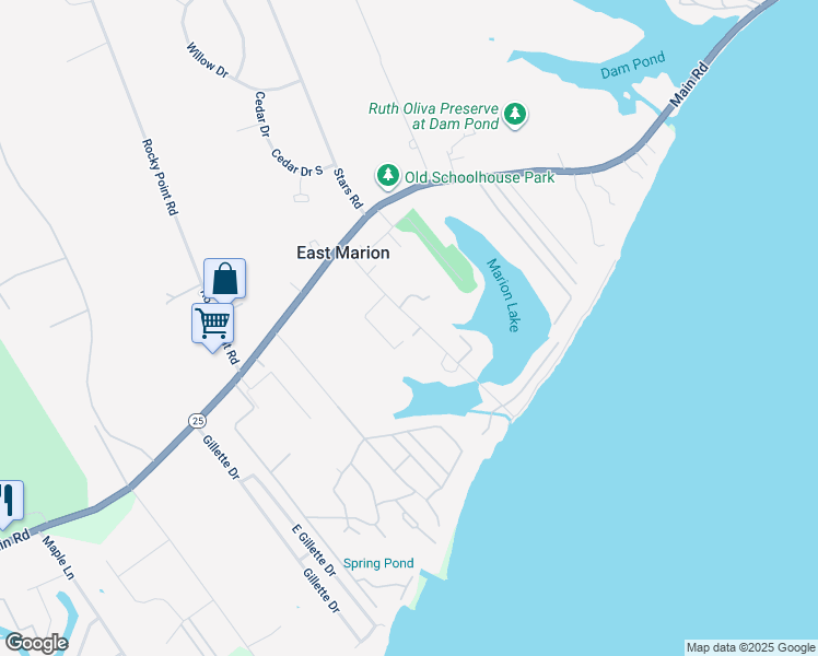 map of restaurants, bars, coffee shops, grocery stores, and more near 1050 Bay Avenue in East Marion