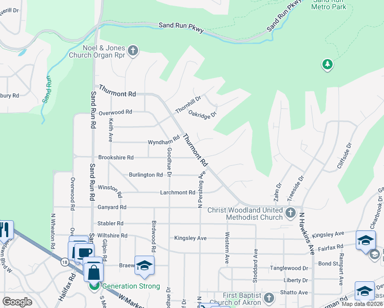map of restaurants, bars, coffee shops, grocery stores, and more near 1923 Brookshire Road in Akron