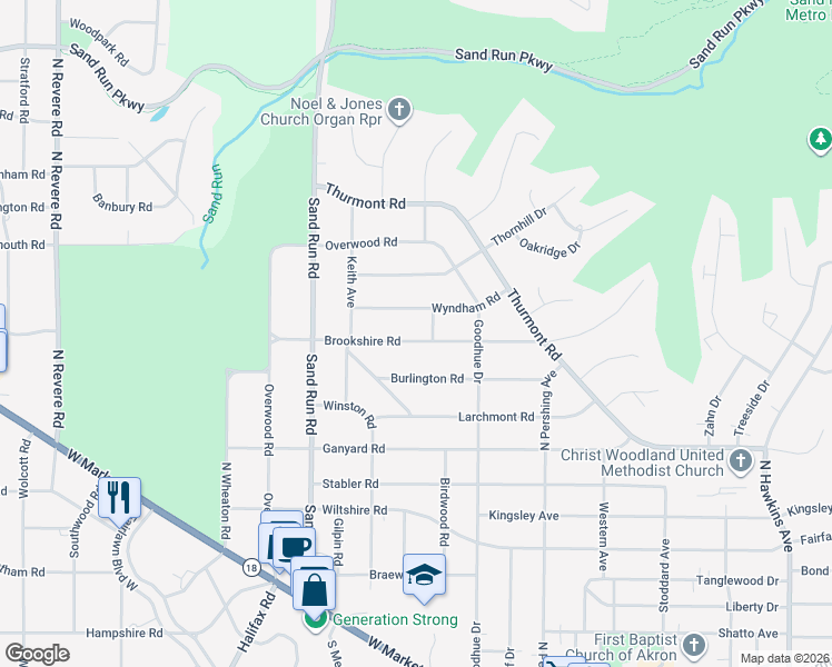 map of restaurants, bars, coffee shops, grocery stores, and more near 2039 Brookshire Road in Akron