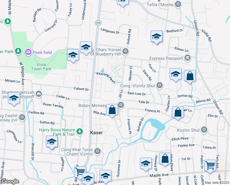 map of restaurants, bars, coffee shops, grocery stores, and more near 191 Kearsing Parkway in Monsey