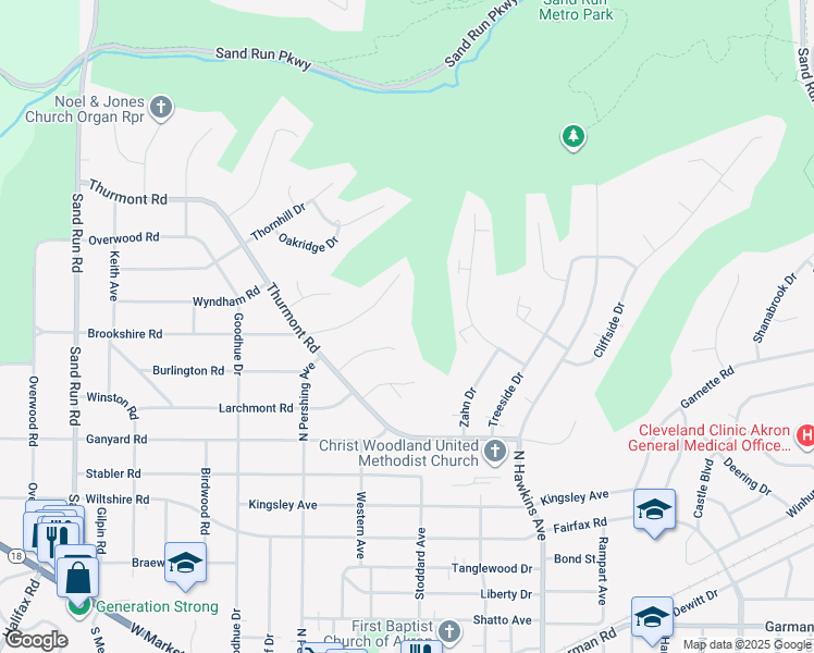 map of restaurants, bars, coffee shops, grocery stores, and more near 1811 Breezewood Drive in Akron