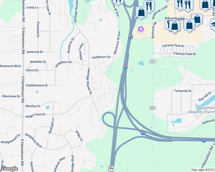map of restaurants, bars, coffee shops, grocery stores, and more near 236 Woodhaven Drive in Akron