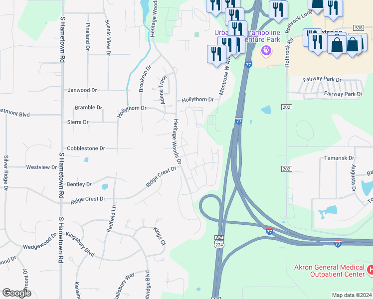 map of restaurants, bars, coffee shops, grocery stores, and more near 525 Robin Wood Lane in Copley