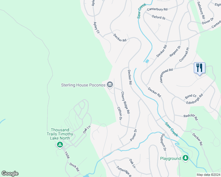 map of restaurants, bars, coffee shops, grocery stores, and more near 119 Sterling Circle in Bushkill