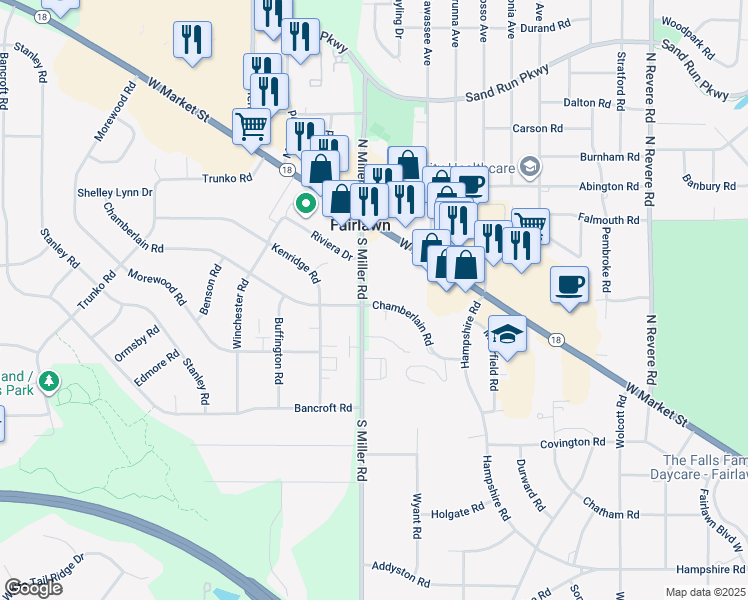 map of restaurants, bars, coffee shops, grocery stores, and more near 99 South Miller Road in Fairlawn