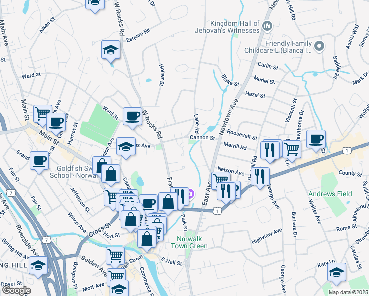 map of restaurants, bars, coffee shops, grocery stores, and more near 7 Cannon Brook Lane in Norwalk