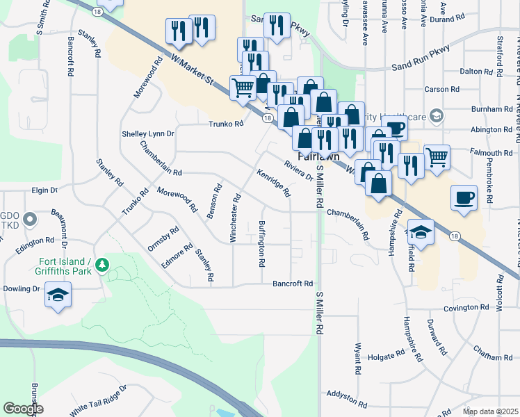 map of restaurants, bars, coffee shops, grocery stores, and more near 2872 Chamberlain Road in Fairlawn