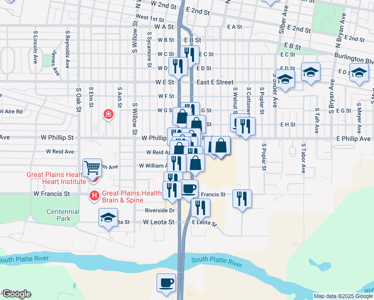 map of restaurants, bars, coffee shops, grocery stores, and more near 948 Blue Star Memorial Highway in North Platte