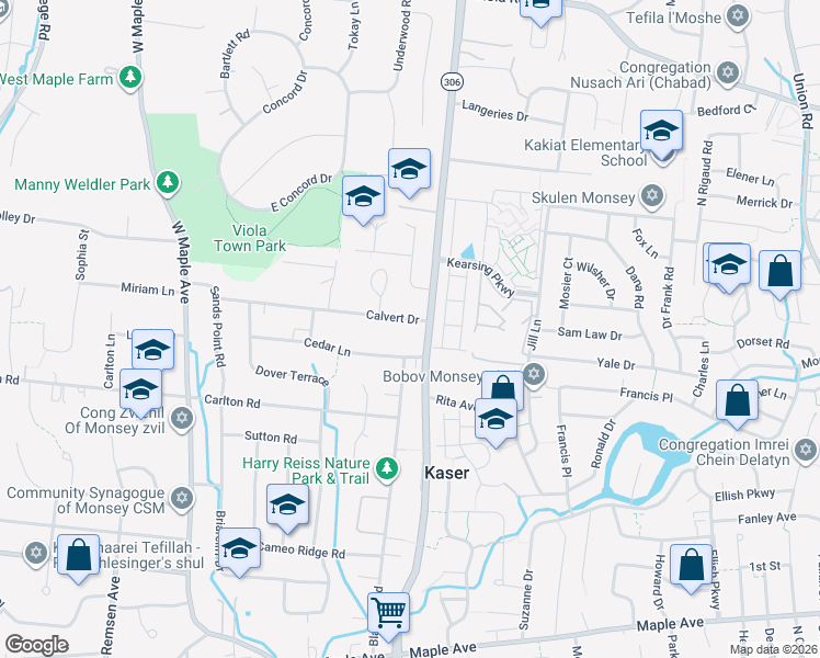 map of restaurants, bars, coffee shops, grocery stores, and more near 37 Calvert Drive in Monsey
