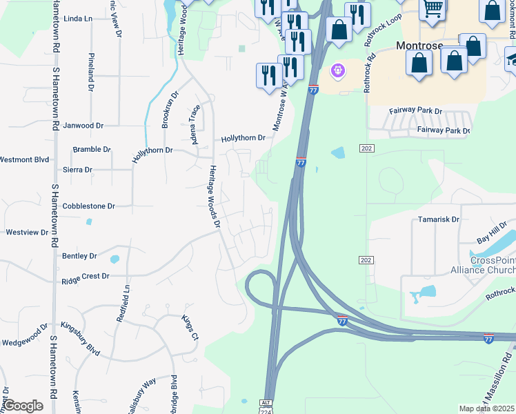 map of restaurants, bars, coffee shops, grocery stores, and more near 236 Woodhaven Drive in Akron