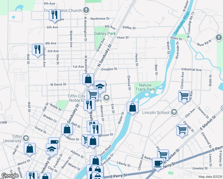 map of restaurants, bars, coffee shops, grocery stores, and more near 172 Erie Street in Tiffin