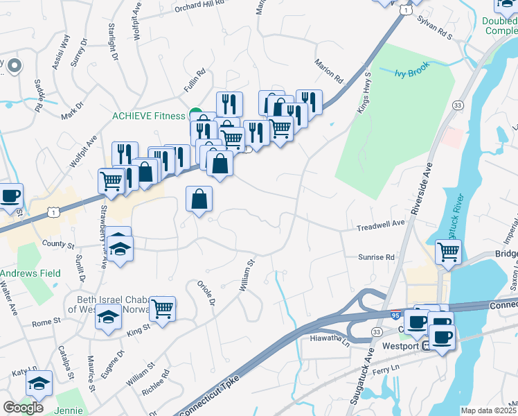 map of restaurants, bars, coffee shops, grocery stores, and more near 37 Strathmore Lane in Westport
