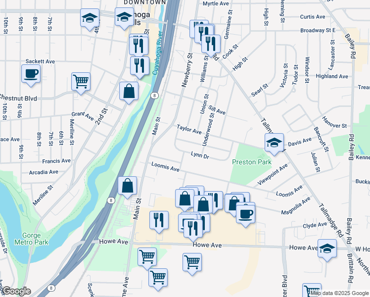 map of restaurants, bars, coffee shops, grocery stores, and more near 399 Lynn Dr in Cuyahoga Falls