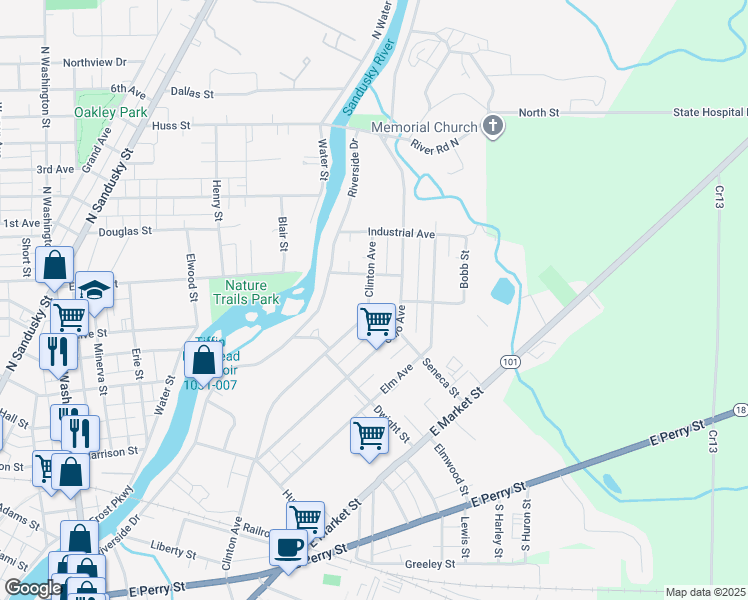 map of restaurants, bars, coffee shops, grocery stores, and more near 376 Clinton Avenue in Tiffin