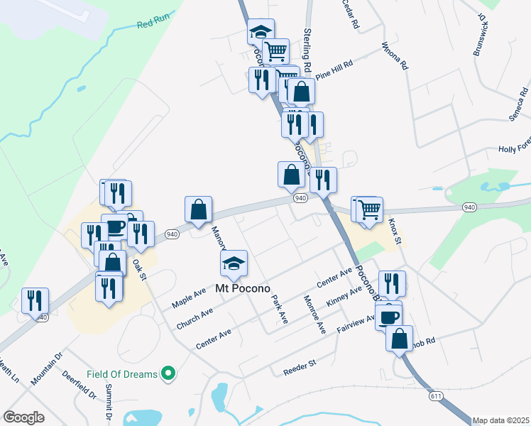 map of restaurants, bars, coffee shops, grocery stores, and more near High Street in Mount Pocono