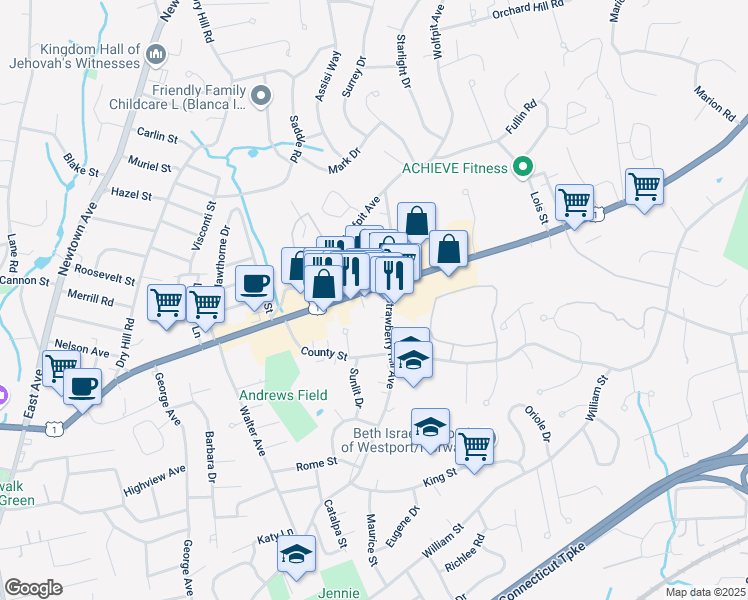 map of restaurants, bars, coffee shops, grocery stores, and more near 360 Westport Avenue in Norwalk