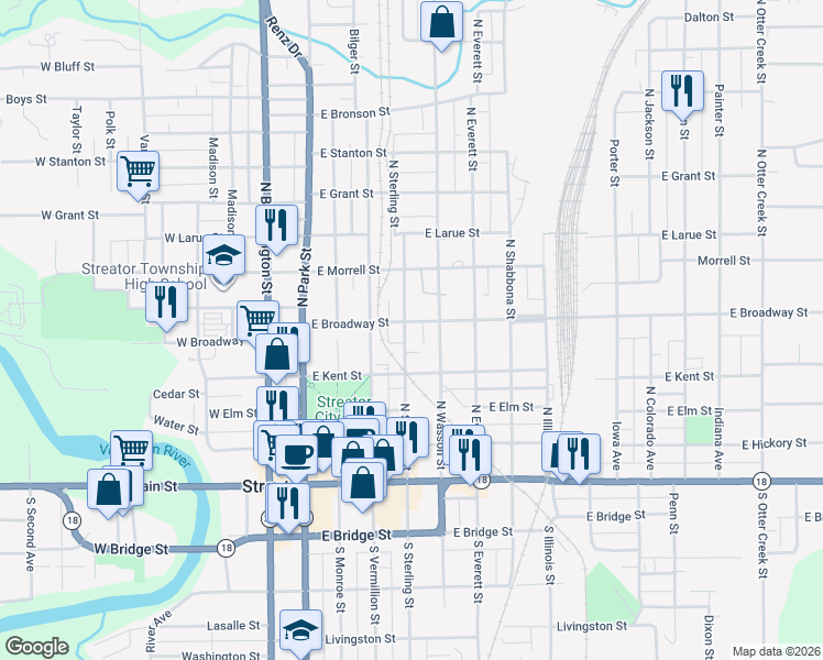 map of restaurants, bars, coffee shops, grocery stores, and more near 501 East Broadway Street in Streator