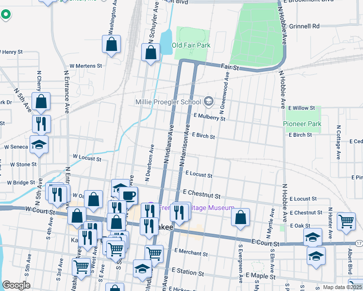 map of restaurants, bars, coffee shops, grocery stores, and more near 525 North Harrison Avenue in Kankakee
