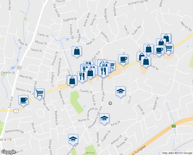 map of restaurants, bars, coffee shops, grocery stores, and more near 350 Westport Avenue in Norwalk