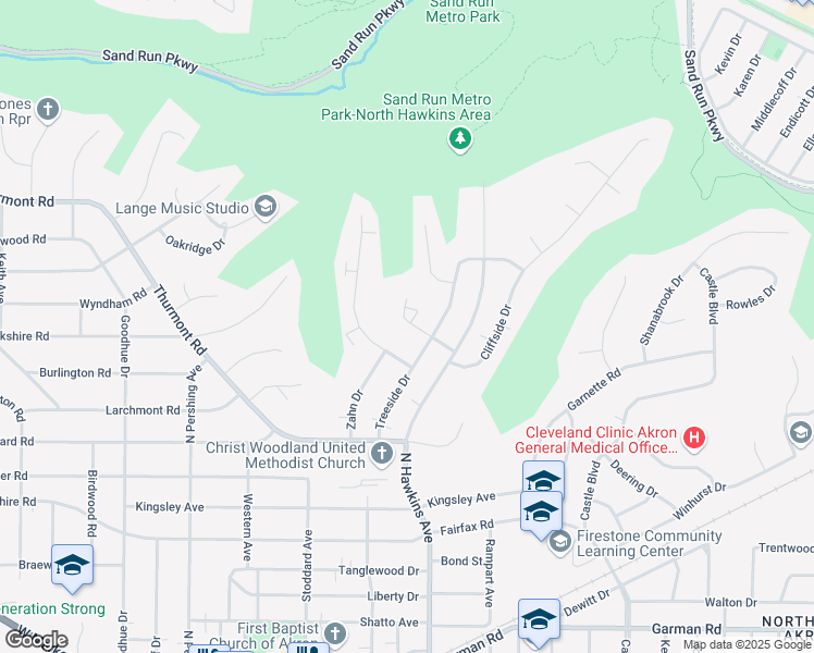 map of restaurants, bars, coffee shops, grocery stores, and more near 1688 Dominion Drive in Akron