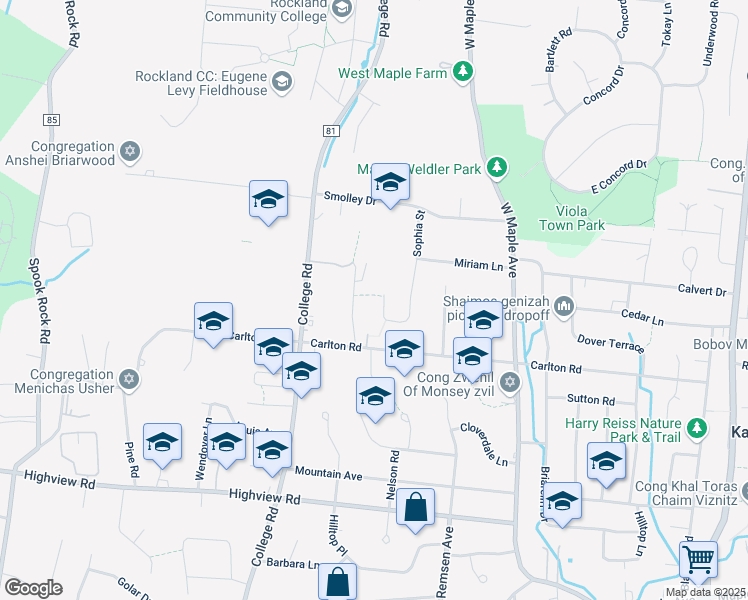 map of restaurants, bars, coffee shops, grocery stores, and more near 18 Sophia Street in Monsey