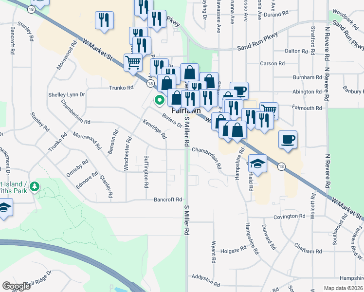 map of restaurants, bars, coffee shops, grocery stores, and more near 2795 Chamberlain Road in Fairlawn