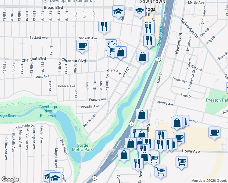 map of restaurants, bars, coffee shops, grocery stores, and more near 1522 2nd Street in Cuyahoga Falls