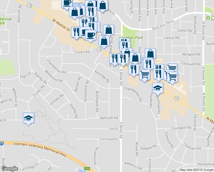 map of restaurants, bars, coffee shops, grocery stores, and more near 2829 Chamberlain Rd in Fairlawn