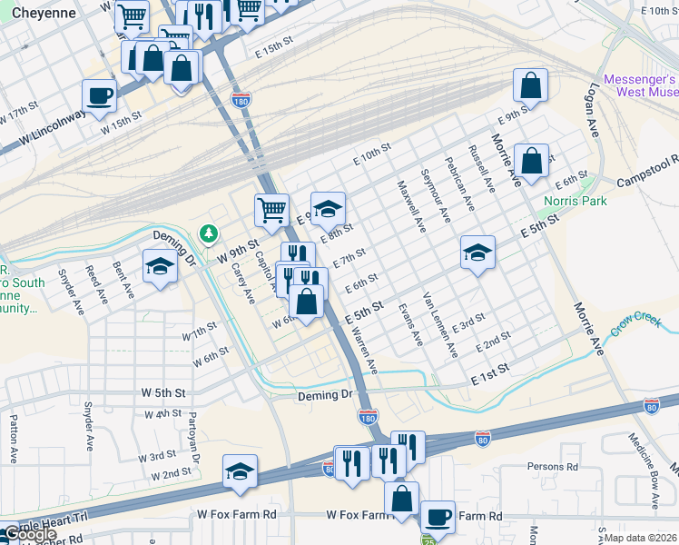 map of restaurants, bars, coffee shops, grocery stores, and more near 612 House Avenue in Cheyenne