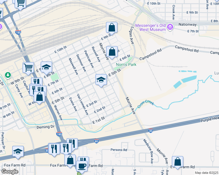 map of restaurants, bars, coffee shops, grocery stores, and more near 807 East 4th Street in Cheyenne