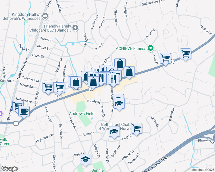 map of restaurants, bars, coffee shops, grocery stores, and more near 350 Westport Avenue in Norwalk
