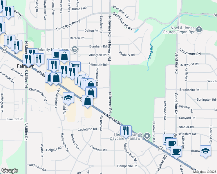 map of restaurants, bars, coffee shops, grocery stores, and more near 121 North Revere Road in Akron