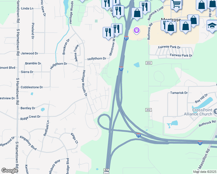 map of restaurants, bars, coffee shops, grocery stores, and more near 3849 Gardiner Run in Akron