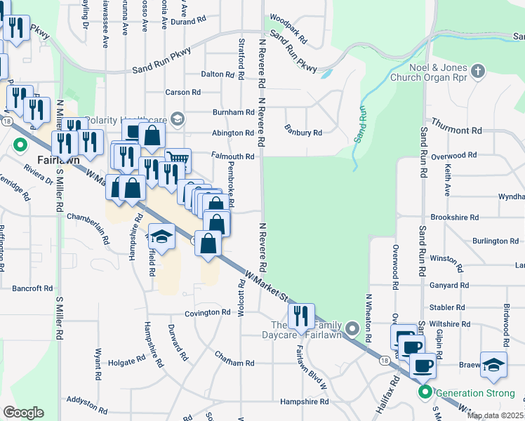 map of restaurants, bars, coffee shops, grocery stores, and more near 121 North Revere Road in Akron