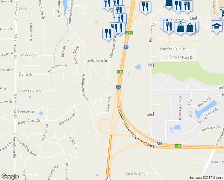 map of restaurants, bars, coffee shops, grocery stores, and more near 3849 Gardiner Run in Akron