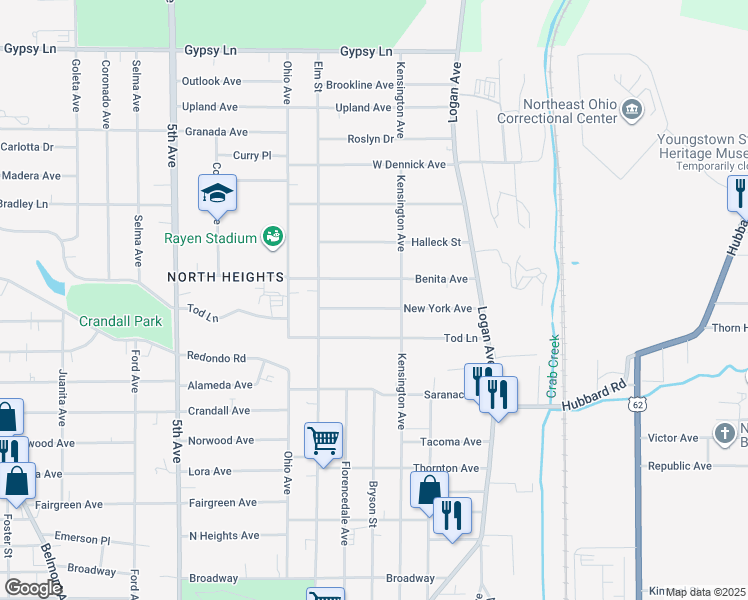 map of restaurants, bars, coffee shops, grocery stores, and more near 132 New York Avenue in Youngstown