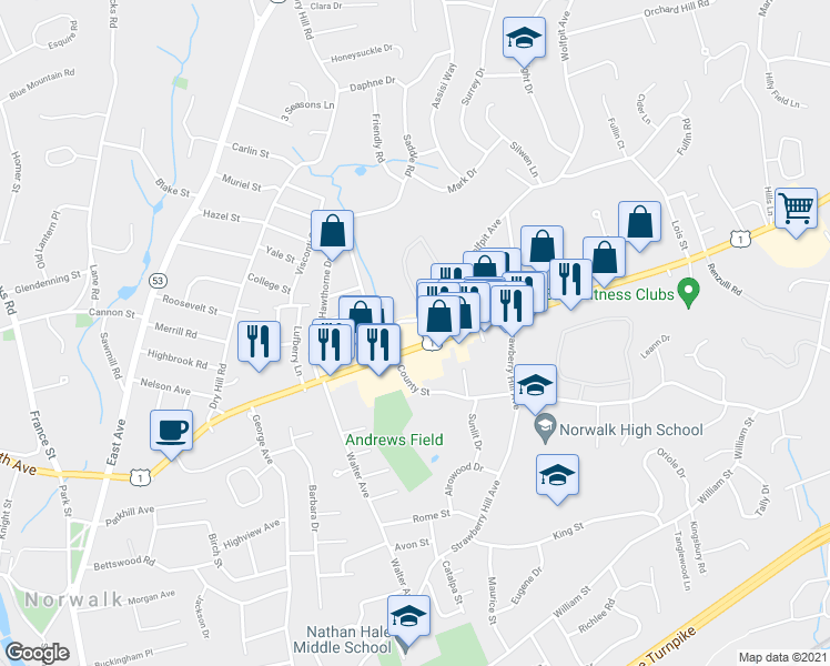 map of restaurants, bars, coffee shops, grocery stores, and more near 295 Westport Avenue in Norwalk