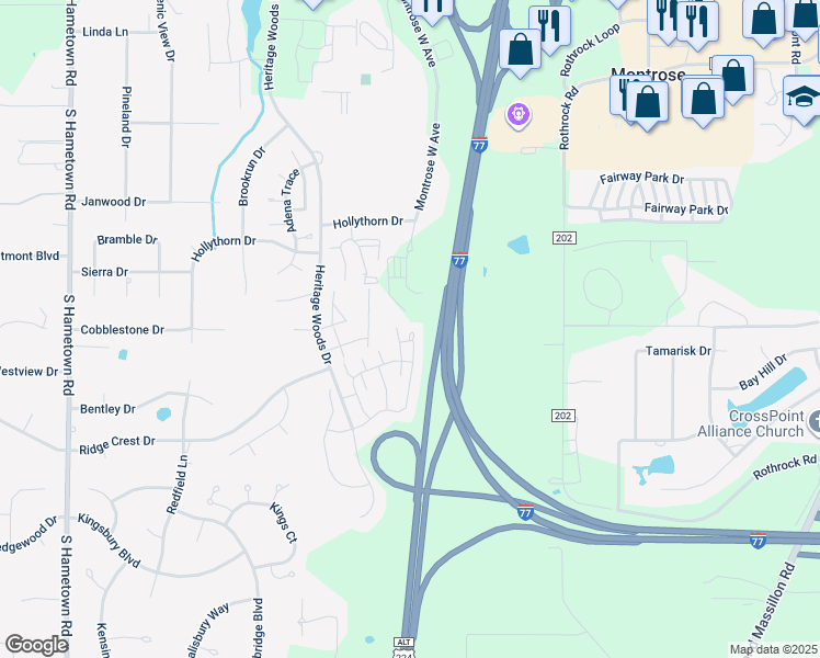 map of restaurants, bars, coffee shops, grocery stores, and more near 3849 Gardiner Run in Akron