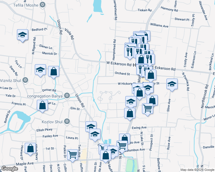 map of restaurants, bars, coffee shops, grocery stores, and more near 42 West Hickory Street in Spring Valley