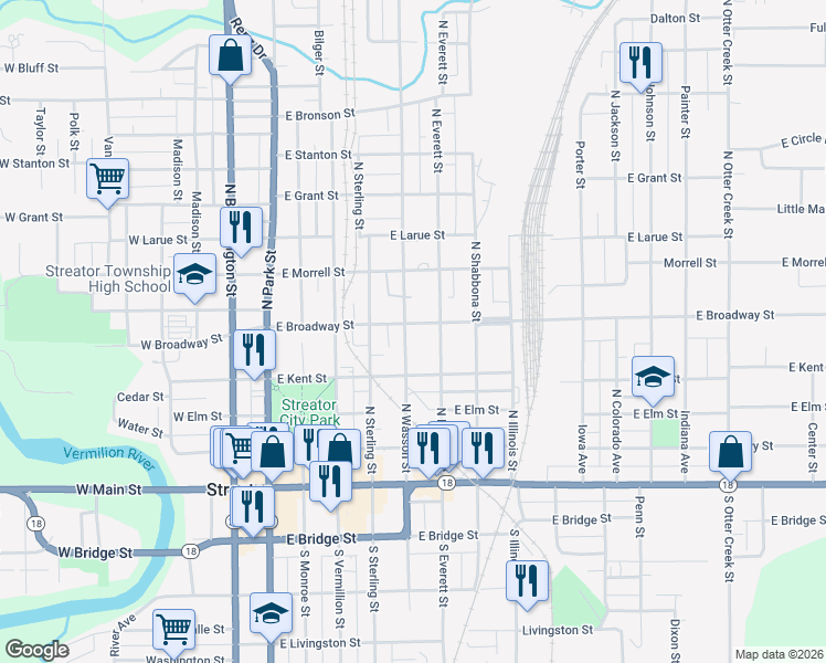 map of restaurants, bars, coffee shops, grocery stores, and more near 601 East Broadway Street in Streator