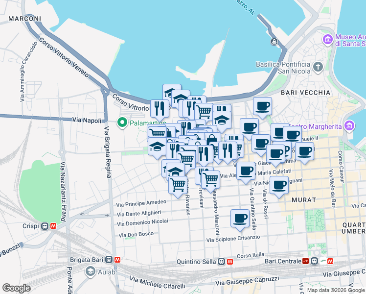 map of restaurants, bars, coffee shops, grocery stores, and more near 35 Corso Giuseppe Mazzini in Bari