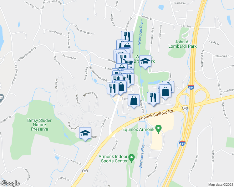 map of restaurants, bars, coffee shops, grocery stores, and more near 387 Main Street in Armonk