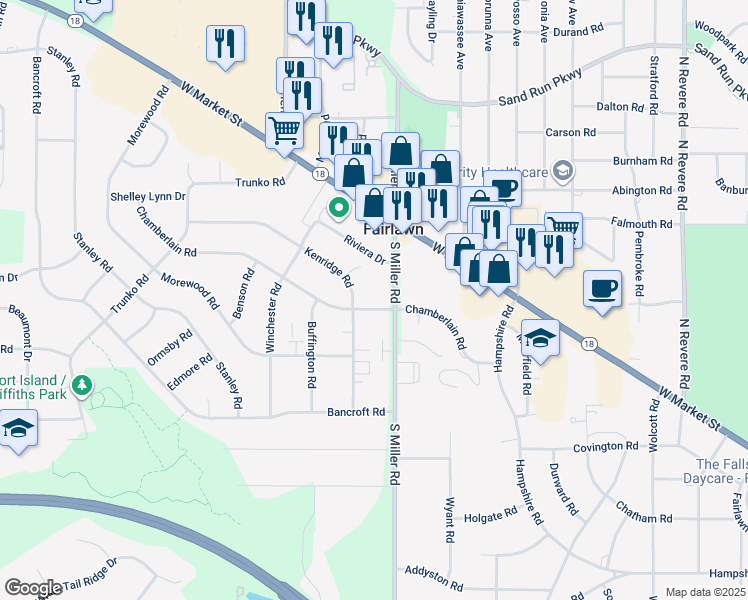 map of restaurants, bars, coffee shops, grocery stores, and more near 2795 Chamberlain Road in Fairlawn